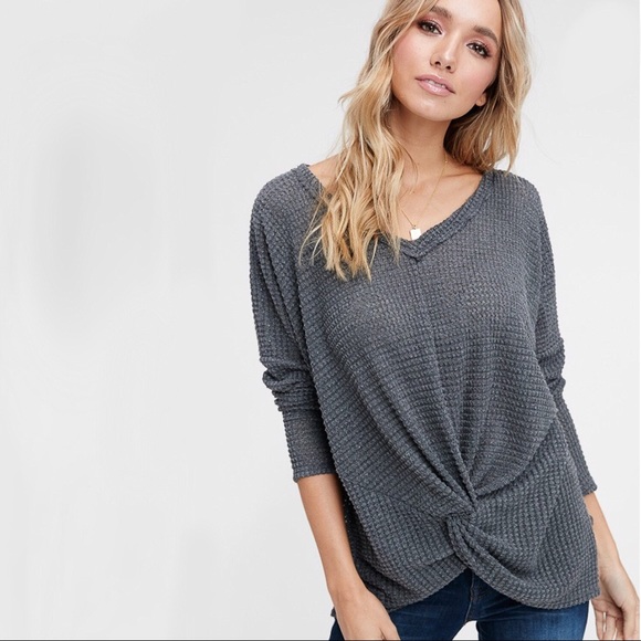 Charcoal Twist Tie Front Top Waffle Knit - Picture 3 of 9